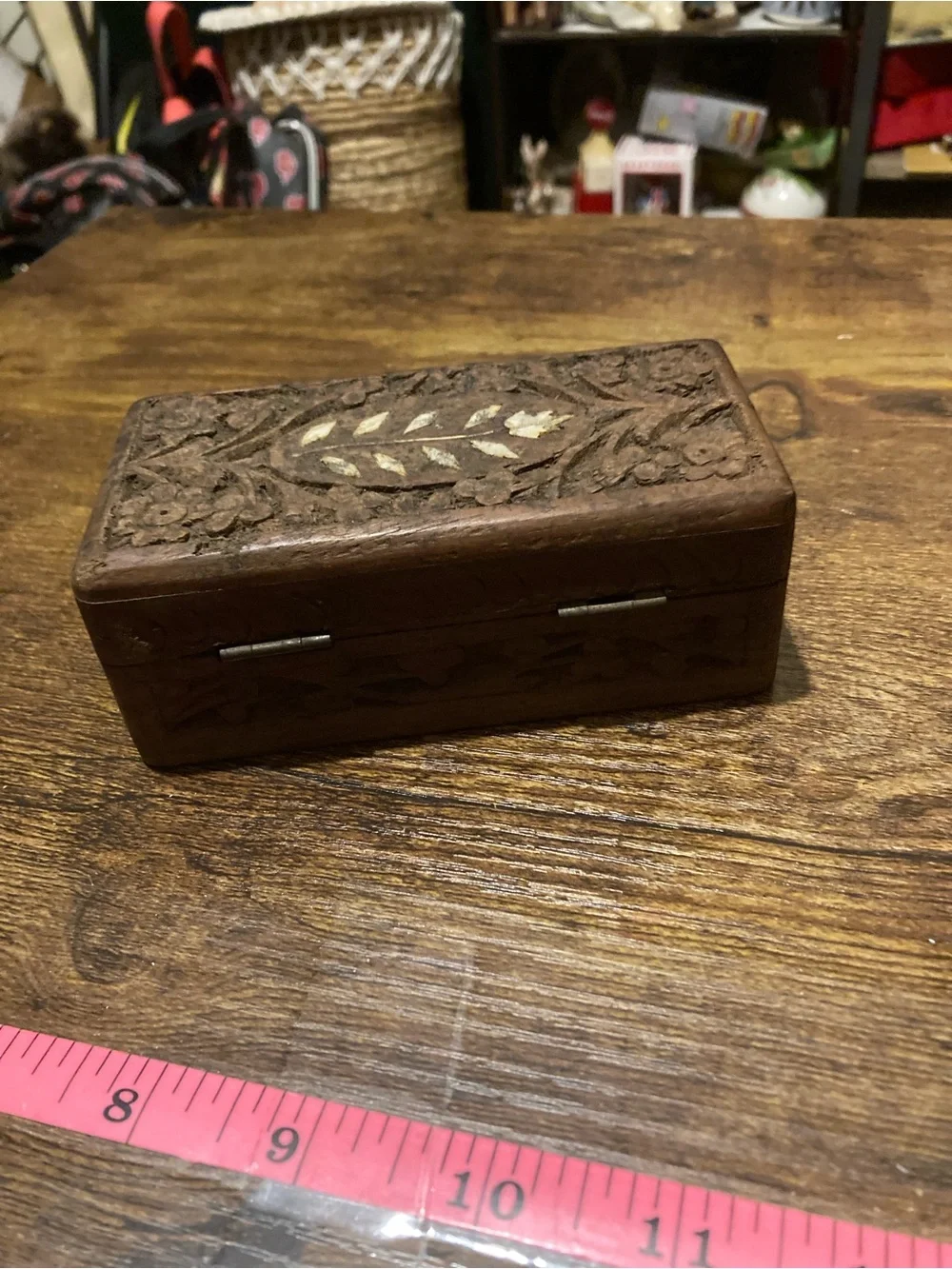 Vintage hand carved wooden trinket box
